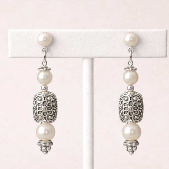 Handmade Jewelry - Glass Pearls Antiqued Silver Beads Pierced Drop Earrings